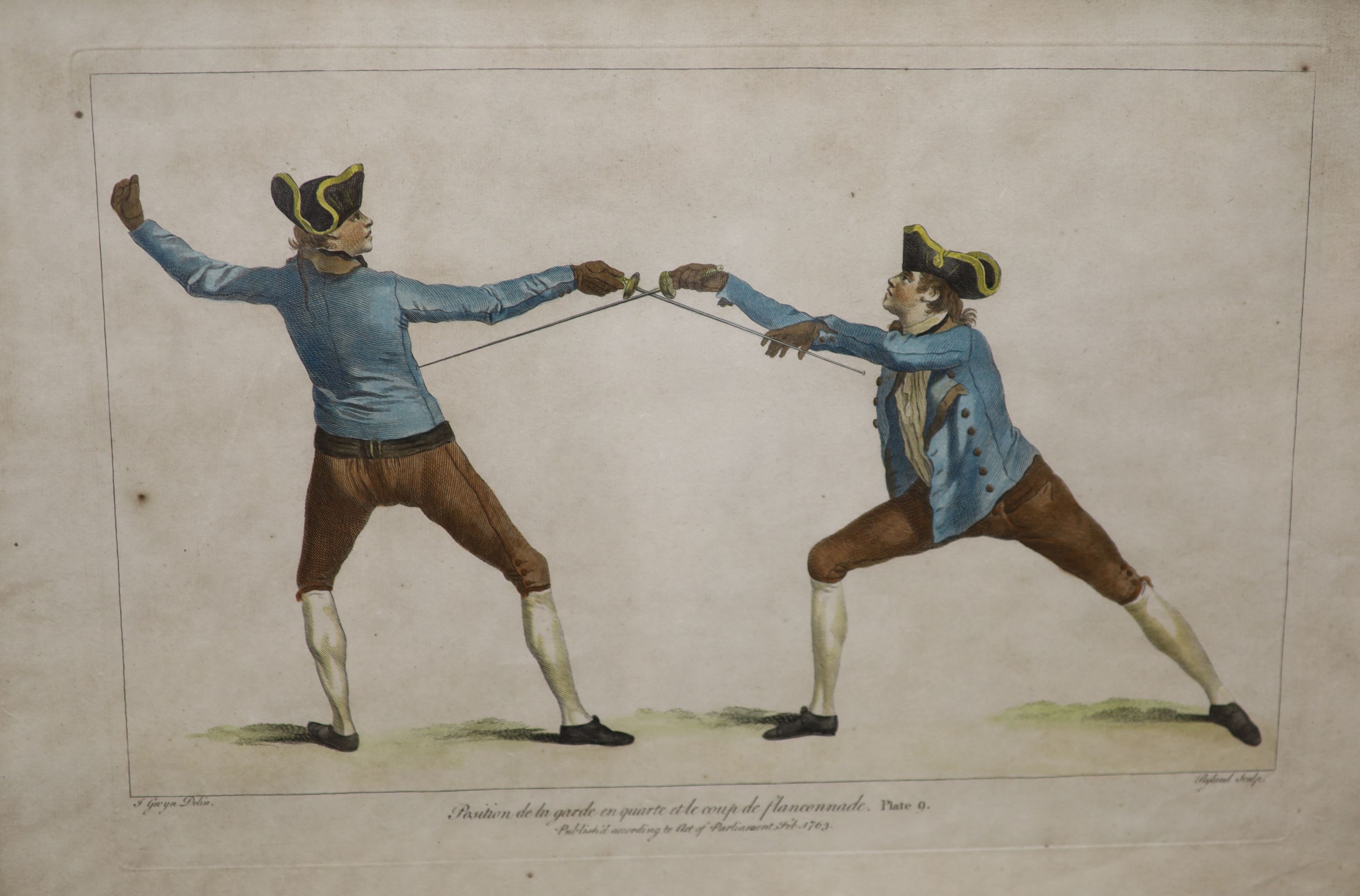 After J. Gruya, three coloured engravings, Fencing Positions, Plates 5, 9 and 40, 42 x 46cm, maple framed